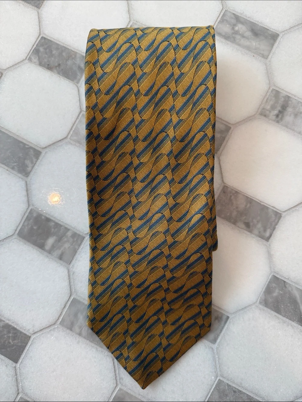 XMI Gold silk Tie with Blue Wave Pattern